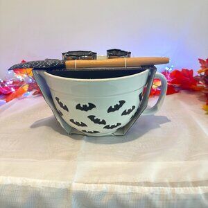 Halloween 10 x7 ceramic Bat themed Batter bowl with cookie cutters and spatula
